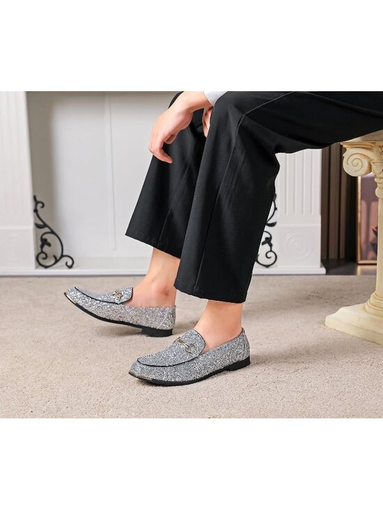 Men\'s Silver Rubber Velvet Leather Glitter With Gold Buckle Loafer Slip On Shoes main image 4